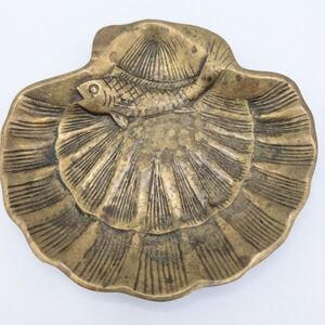 Vintage Brass Scalloped Shell Coin Soap Dish with Koi Fish